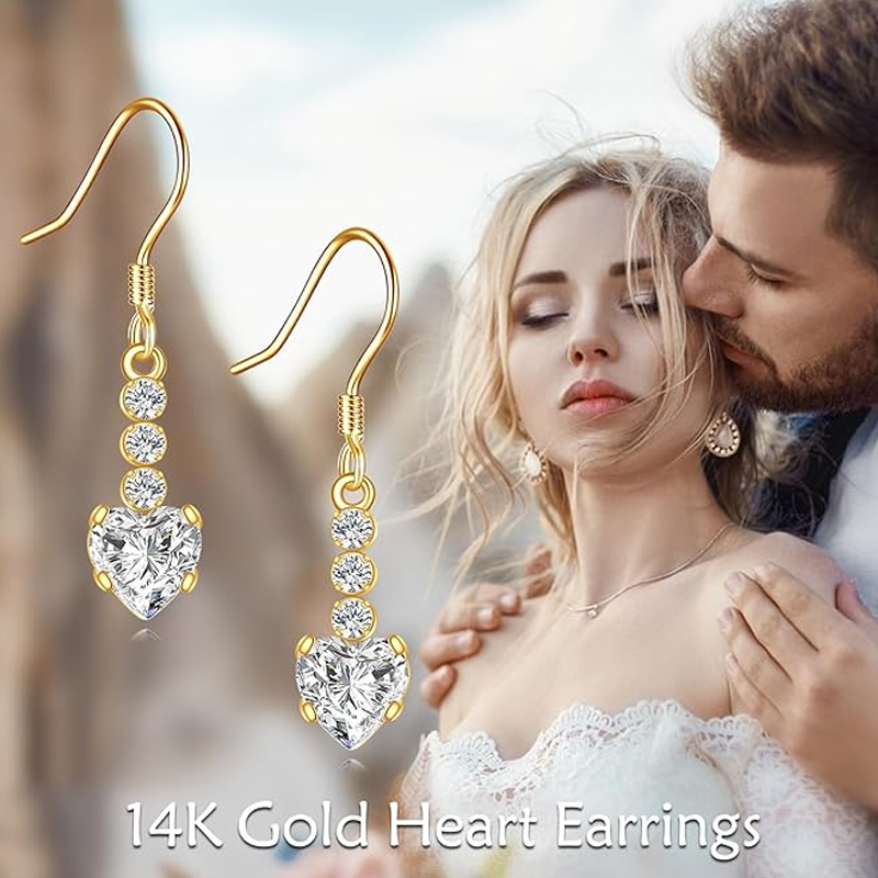 10K Gold Cubic Zirconia & Moissanite Heart Drop Earrings for Women-6