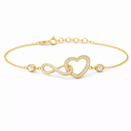 Pulsera de Abalorios de Oro de 14 Quilates con Piedras de Moissanita en Forma de Corazón y Símbolo del Infinito