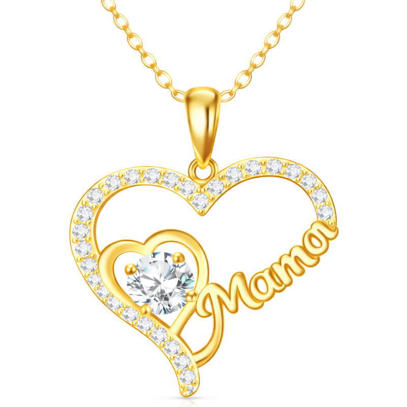 Collier pendentif en or 18K avec cœur et maman en moissanite-1