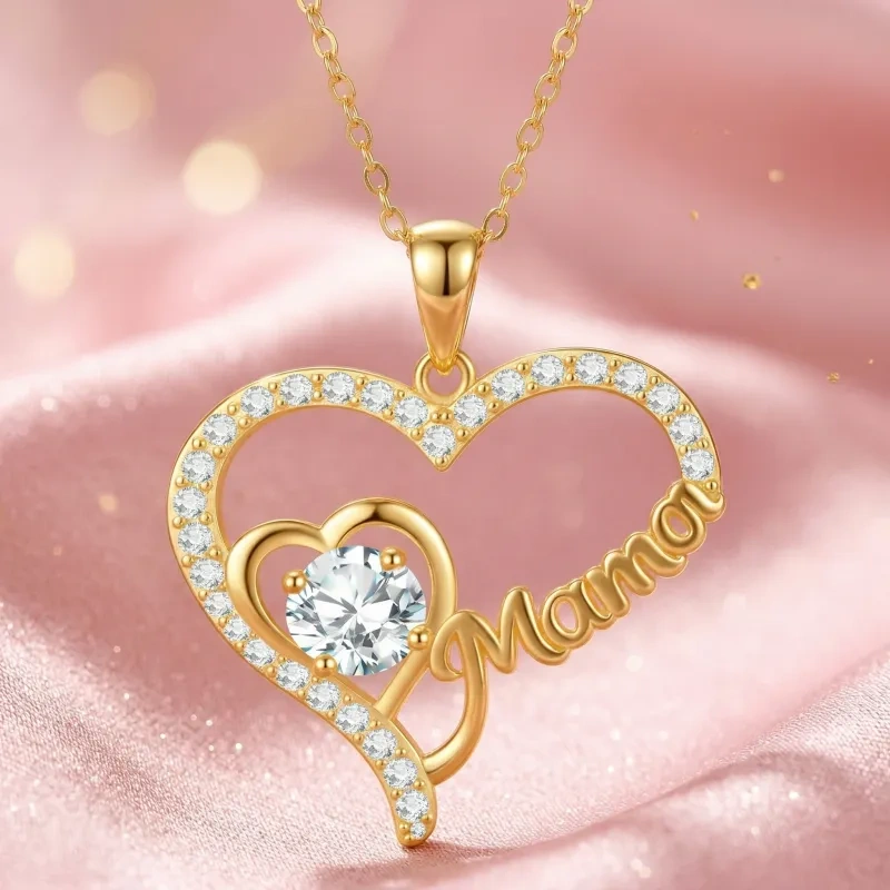 Collier pendentif en or 18K avec cœur et maman en moissanite-3