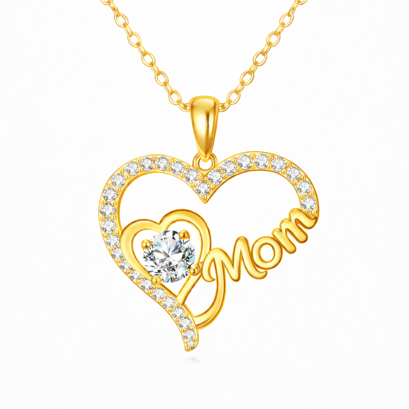 Collar colgante de oro de 14 quilates con corazón de moissanita y palabra «Mamá»-1