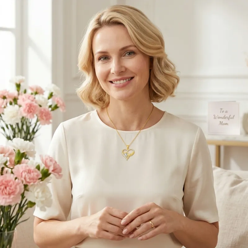 Collar colgante de oro de 14 quilates con corazón de moissanita y palabra «Mamá»-2