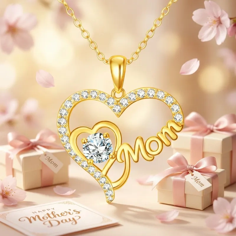 Collar colgante de oro de 14 quilates con corazón de moissanita y palabra «Mamá»-3