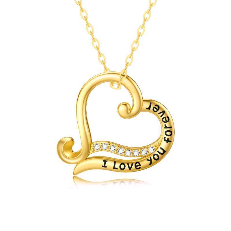 10K Gold Moissanite Heart Pendant Necklace with Engraved Word-1