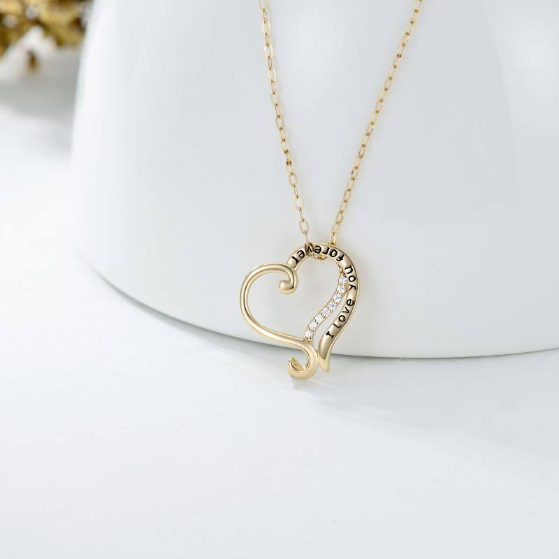 14K Gold Moissanite Heart Pendant Necklace with Engraved Word-3