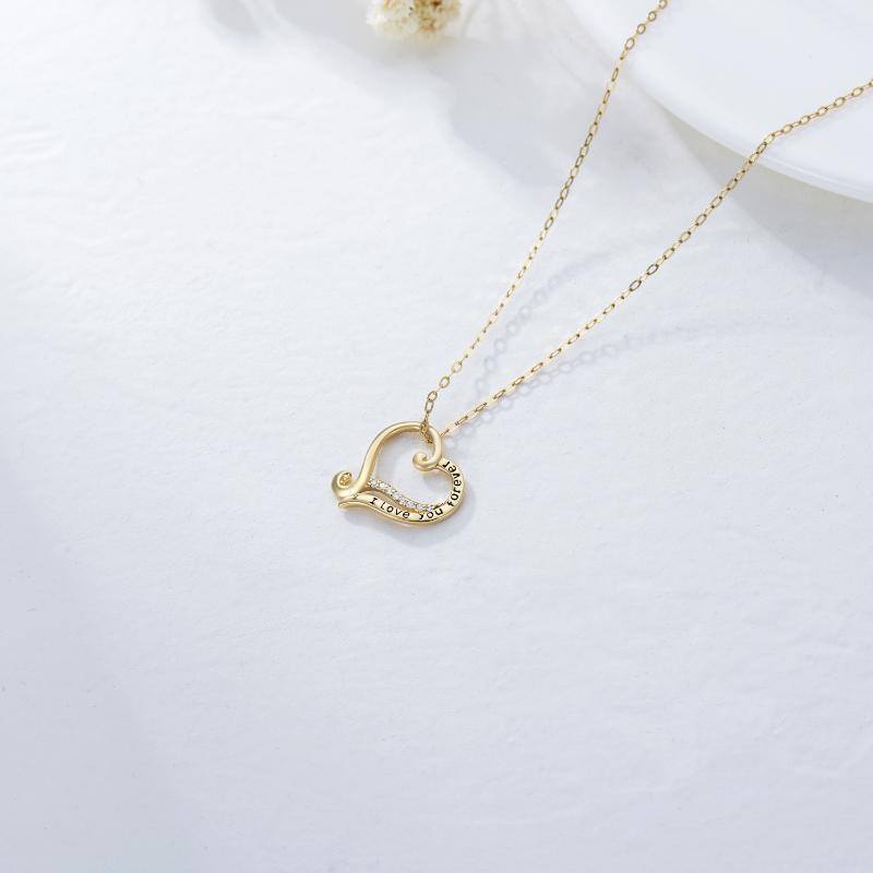 10K Gold Moissanite Heart Pendant Necklace with Engraved Word-4