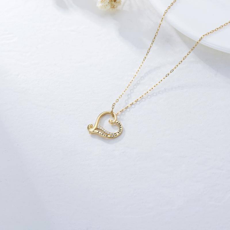 14K Gold Moissanite Heart Pendant Necklace with Engraved Word-4