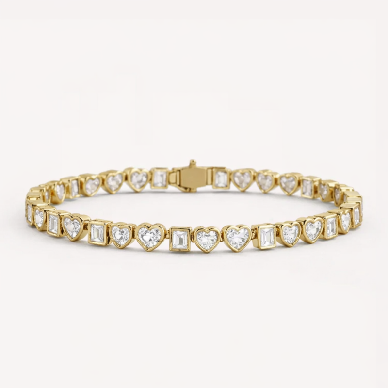 Pulsera de Tenis de Oro de 14 quilates con corazón y cuadrado de moissanita-1