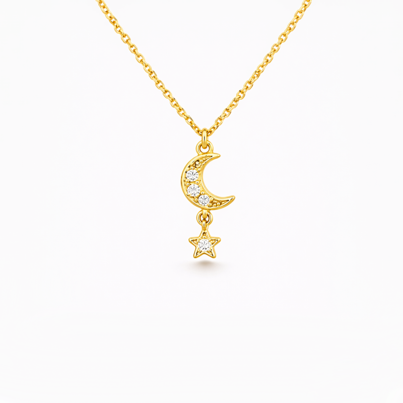 14K-Gold-Halskette mit Moissanit-Herz- und Stern-Anhänger-1