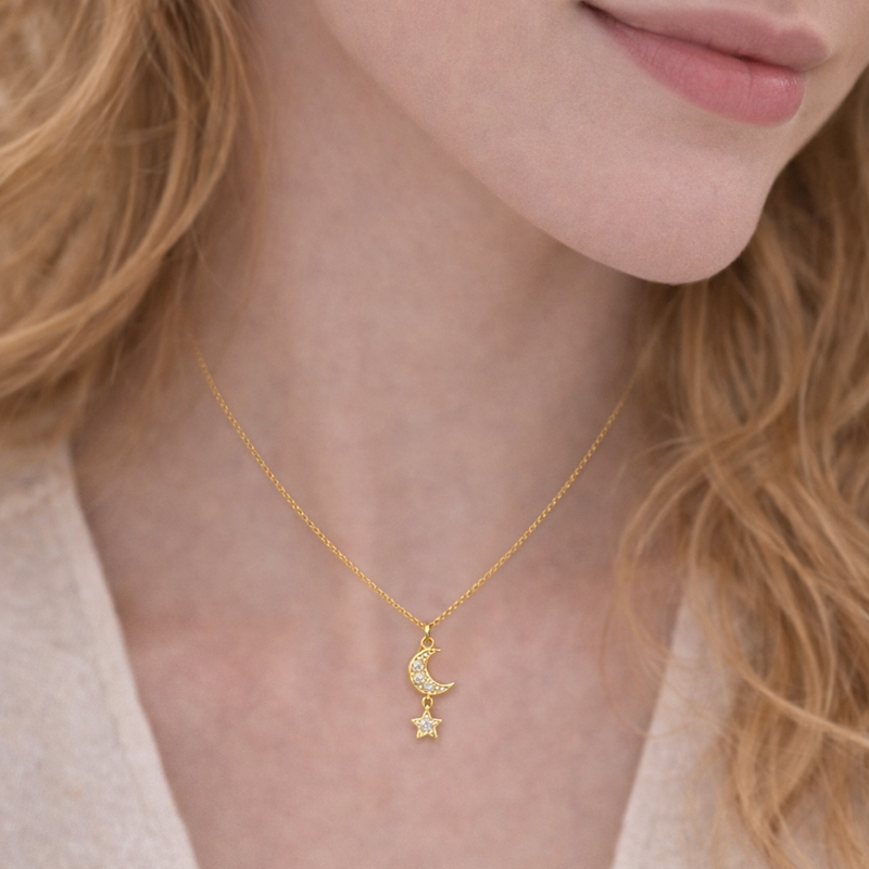 14K-Gold-Halskette mit Moissanit-Herz- und Stern-Anhänger-2