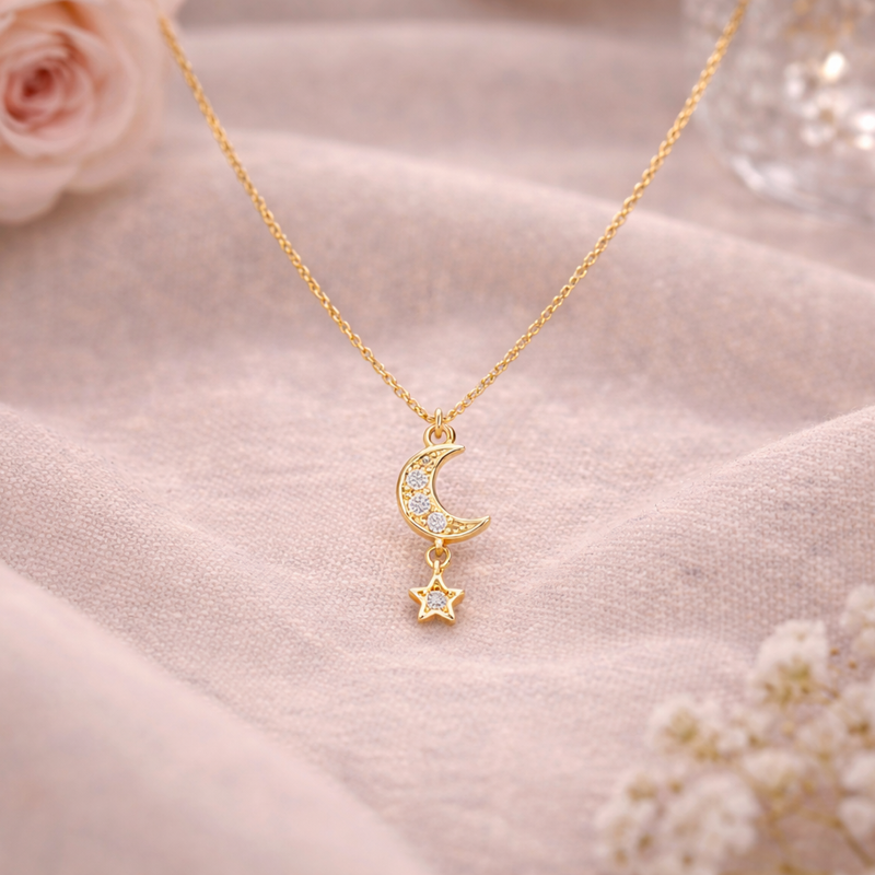 14K-Gold-Halskette mit Moissanit-Herz- und Stern-Anhänger-3