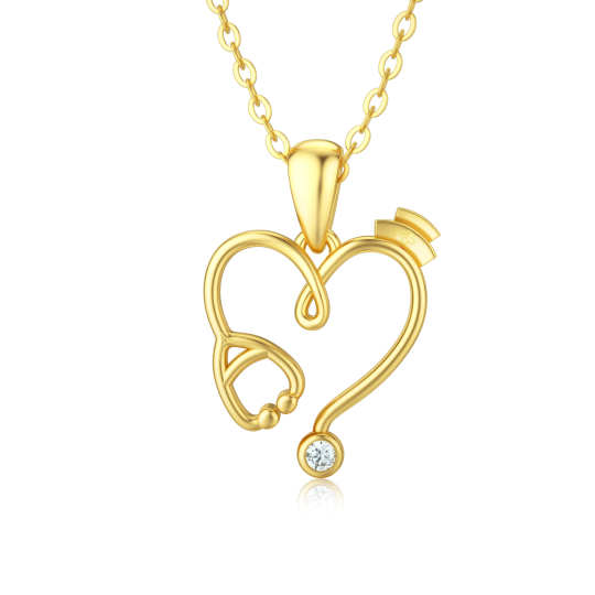 Collier pendentif coeur et stéthoscope en or 14K Moissanite-1