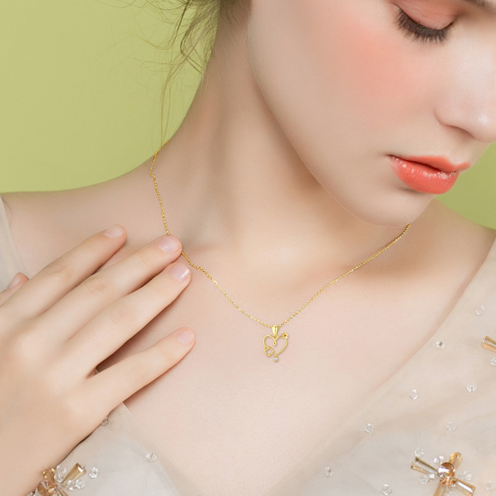 10K Gold Moissanite Heart & Stethoscope & Trencher Cap Pendant Necklace-2