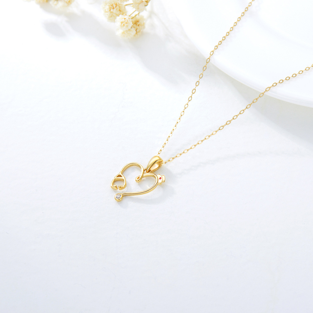 10K Gold Moissanite Heart & Stethoscope & Trencher Cap Pendant Necklace-3