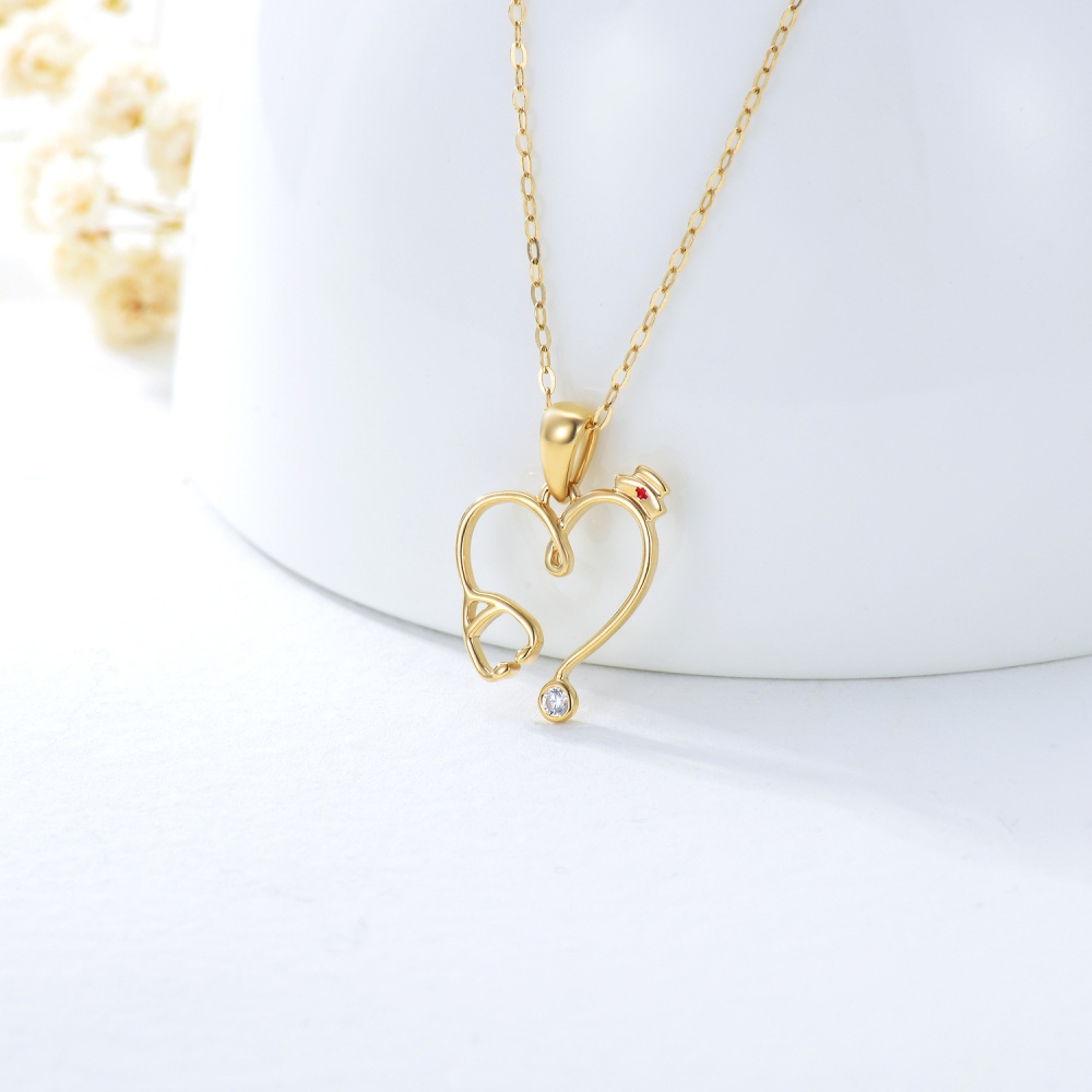 10K Gold Moissanite Heart & Stethoscope & Trencher Cap Pendant Necklace-4
