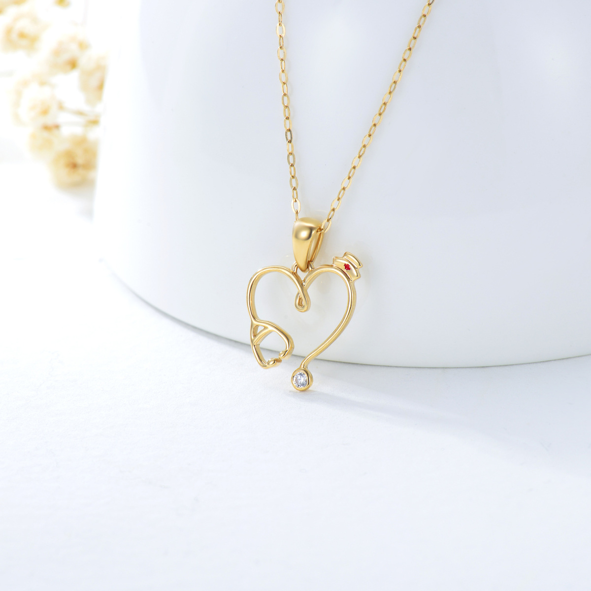 14K Gold Moissanite Heart & Stethoscope & Trencher Cap Pendant Necklace-4