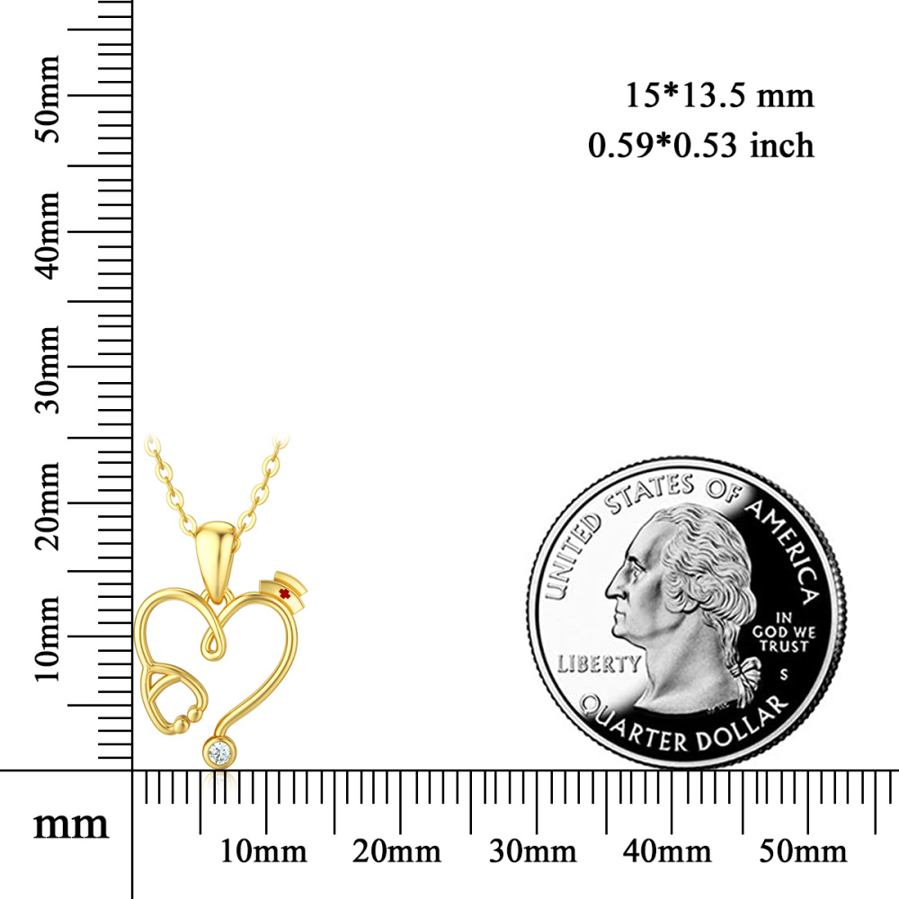 10K Gold Moissanite Heart & Stethoscope & Trencher Cap Pendant Necklace-6