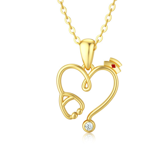 10K Gold Moissanite Heart & Stethoscope & Trencher Cap Pendant Necklace