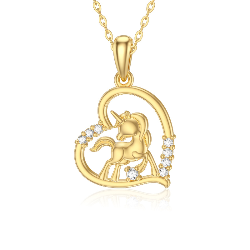 10K Gold Moissanite Heart & Unicorn Pendant Necklace-2