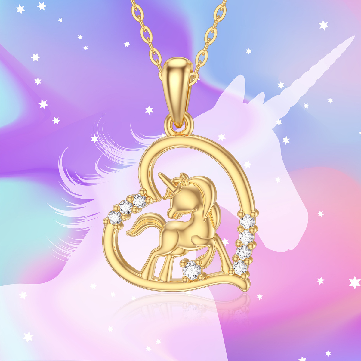 14K Gold Moissanite Heart & Unicorn Pendant Necklace-3