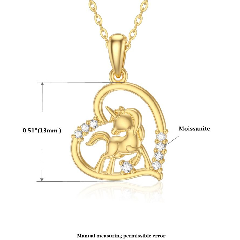 14K Gold Moissanit Herz & Einhorn Anhänger Halskette-6