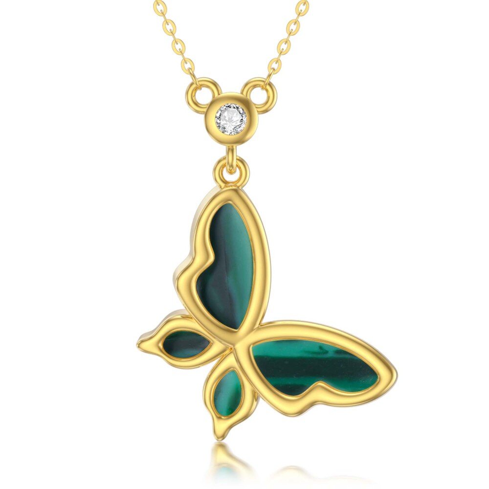 10K Gold Moissanite & Malachite Butterfly Pendant Necklace-1