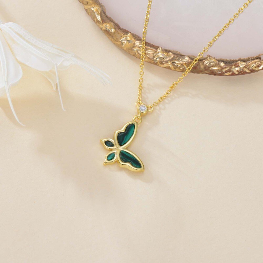 10K Gold Moissanite & Malachite Butterfly Pendant Necklace-3