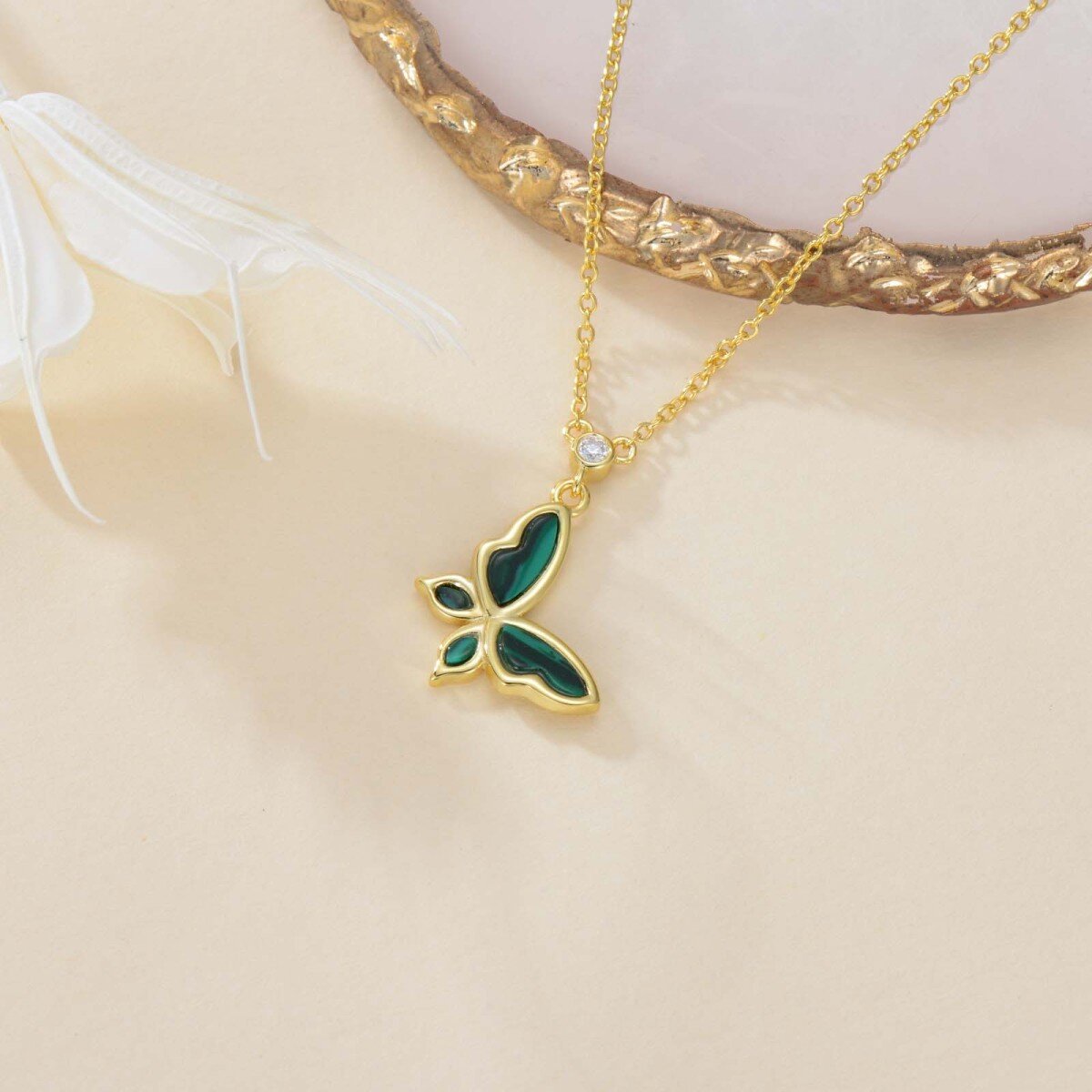 Collier pendentif papillon en or 14K Moissanite et Malachite-3