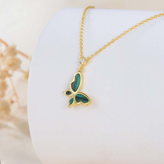 14K Gold Moissanite & Malachite Butterfly Pendant Necklace-4