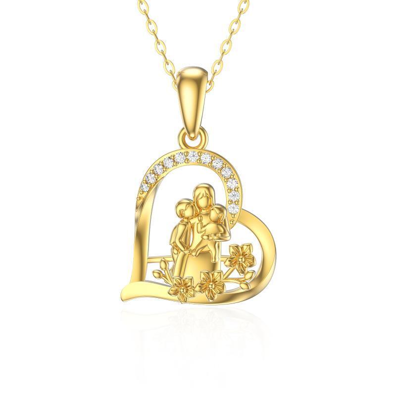 10K Gold Moissanite Mom Holds Children Heart Flower Pendant Necklace-1