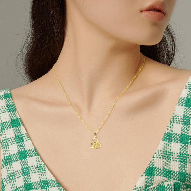 10K Gold Moissanite Mom Holds Children Heart Flower Pendant Necklace-2