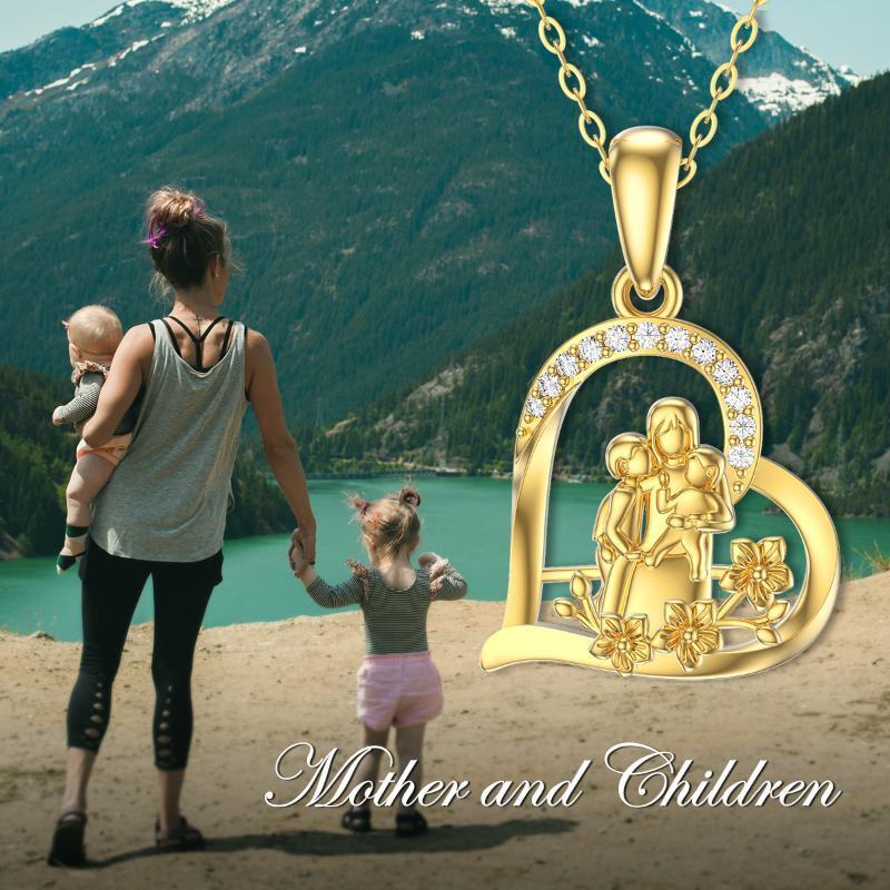 10K Gold Moissanite Mom Holds Children Heart Flower Pendant Necklace-5