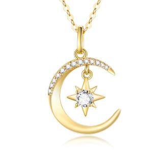 14K Gold Moissanite Moon & Pentagram Pendant Necklace-5