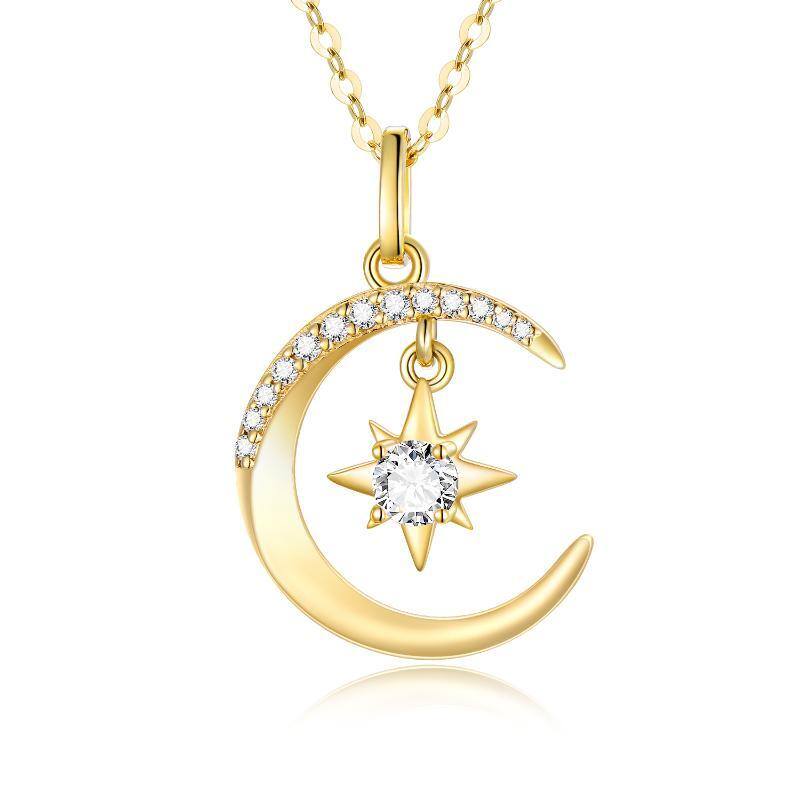 Collier pendentif lune et pentagramme en or 14K Moissanite