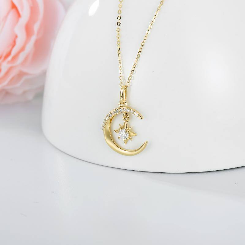 14K Gold Moissanite Moon & Pentagram Pendant Necklace-3