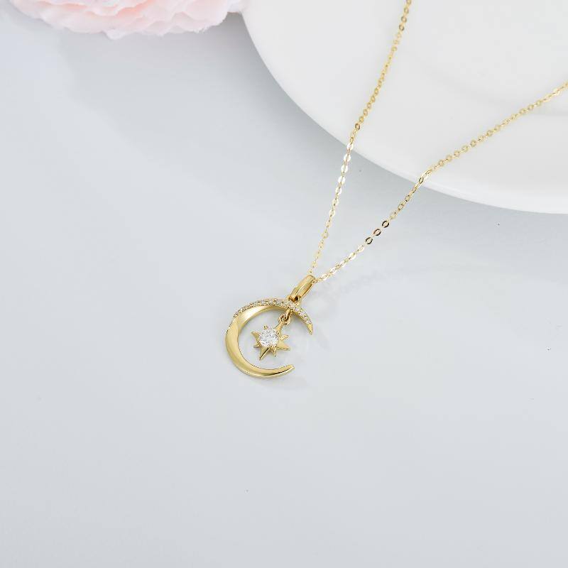 14K Gold Moissanite Moon & Pentagram Pendant Necklace-4