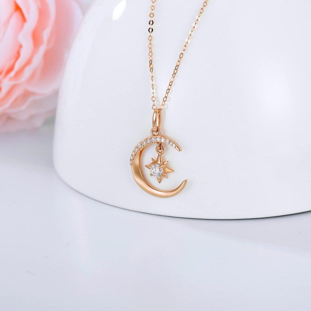 10K Gold Moissanite Moon & Pentagram Pendant Necklace-3