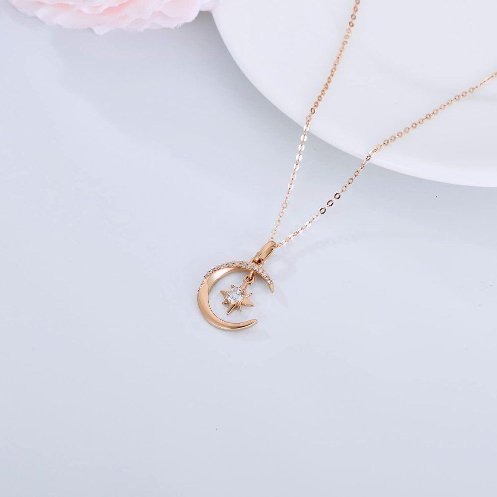 10K Gold Moissanite Moon & Pentagram Pendant Necklace-4