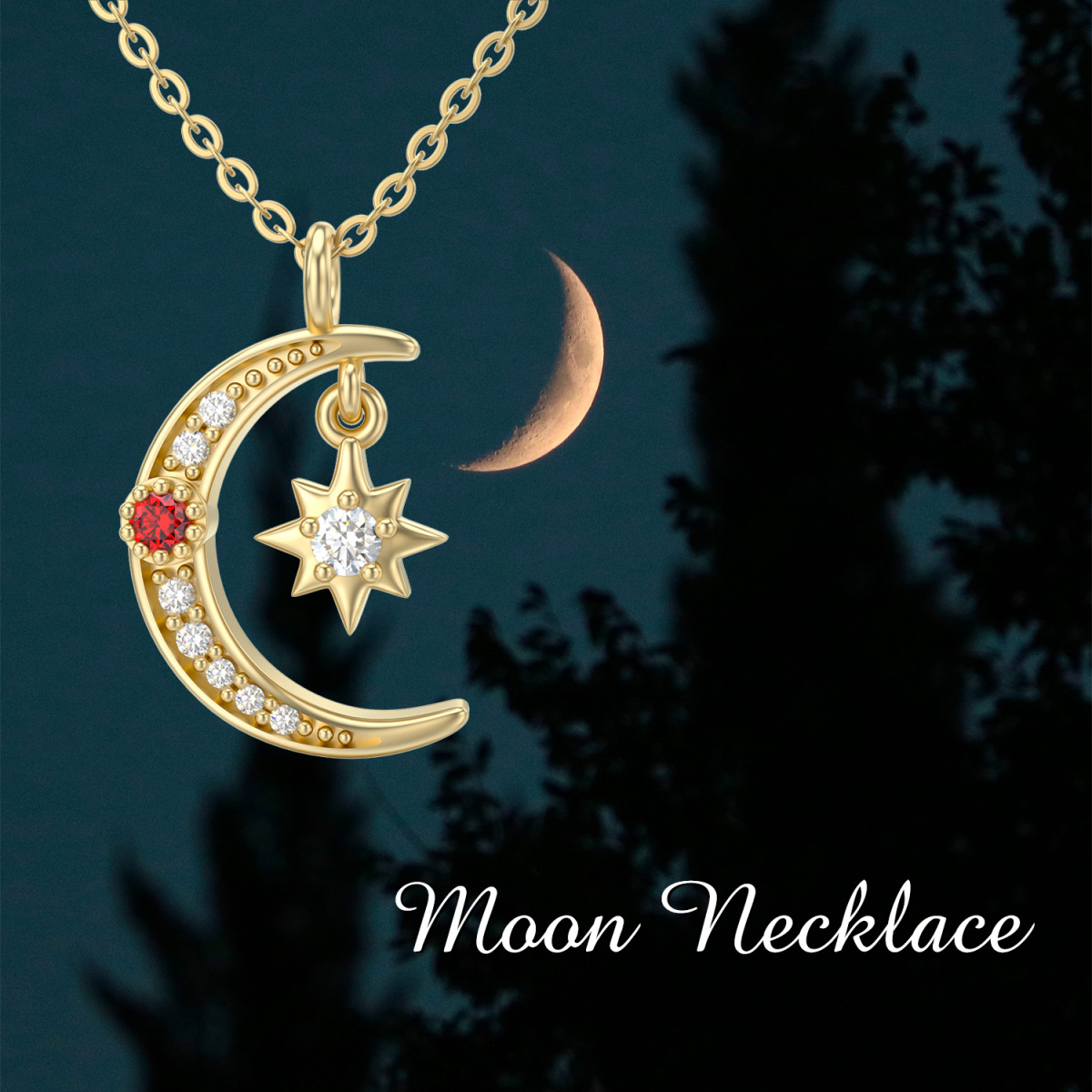 Collar de oro de 14 quilates con luna y estrella de moissanita-5