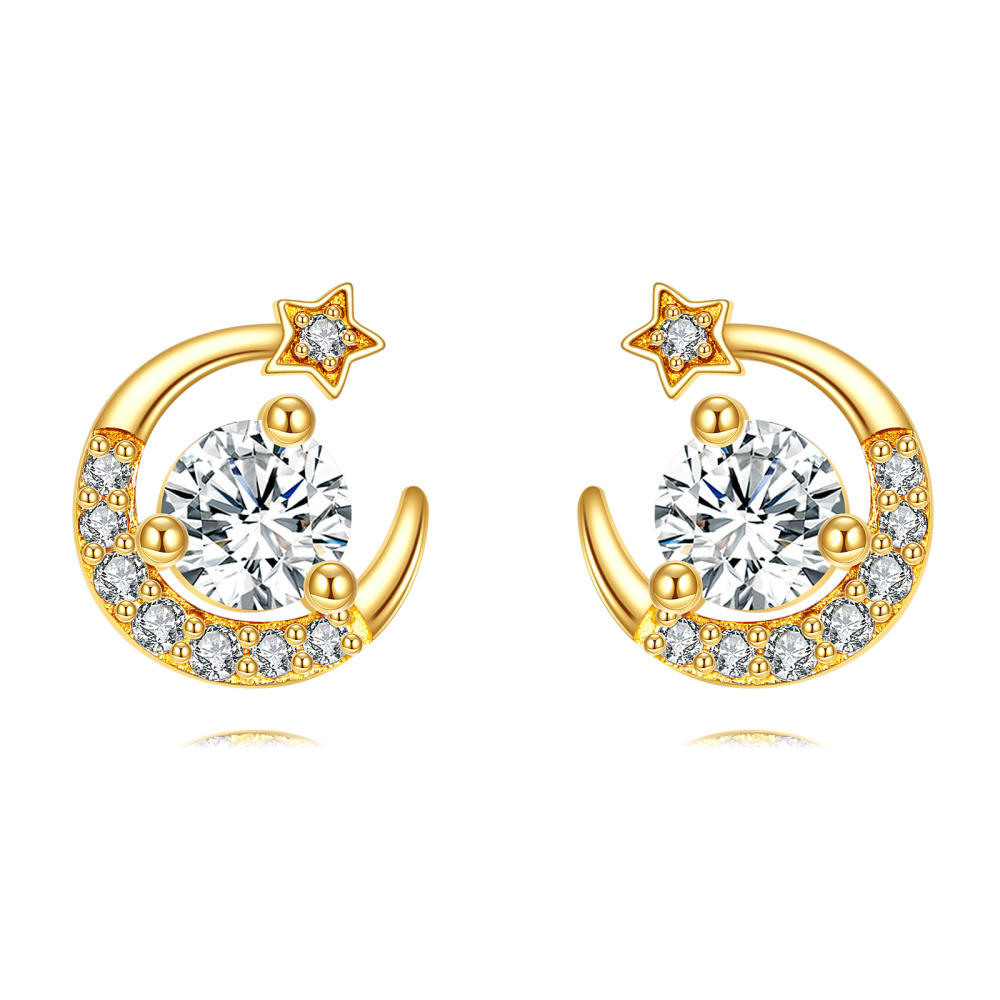 9K Gold Moissanite Moon & Star Stud Earrings-1
