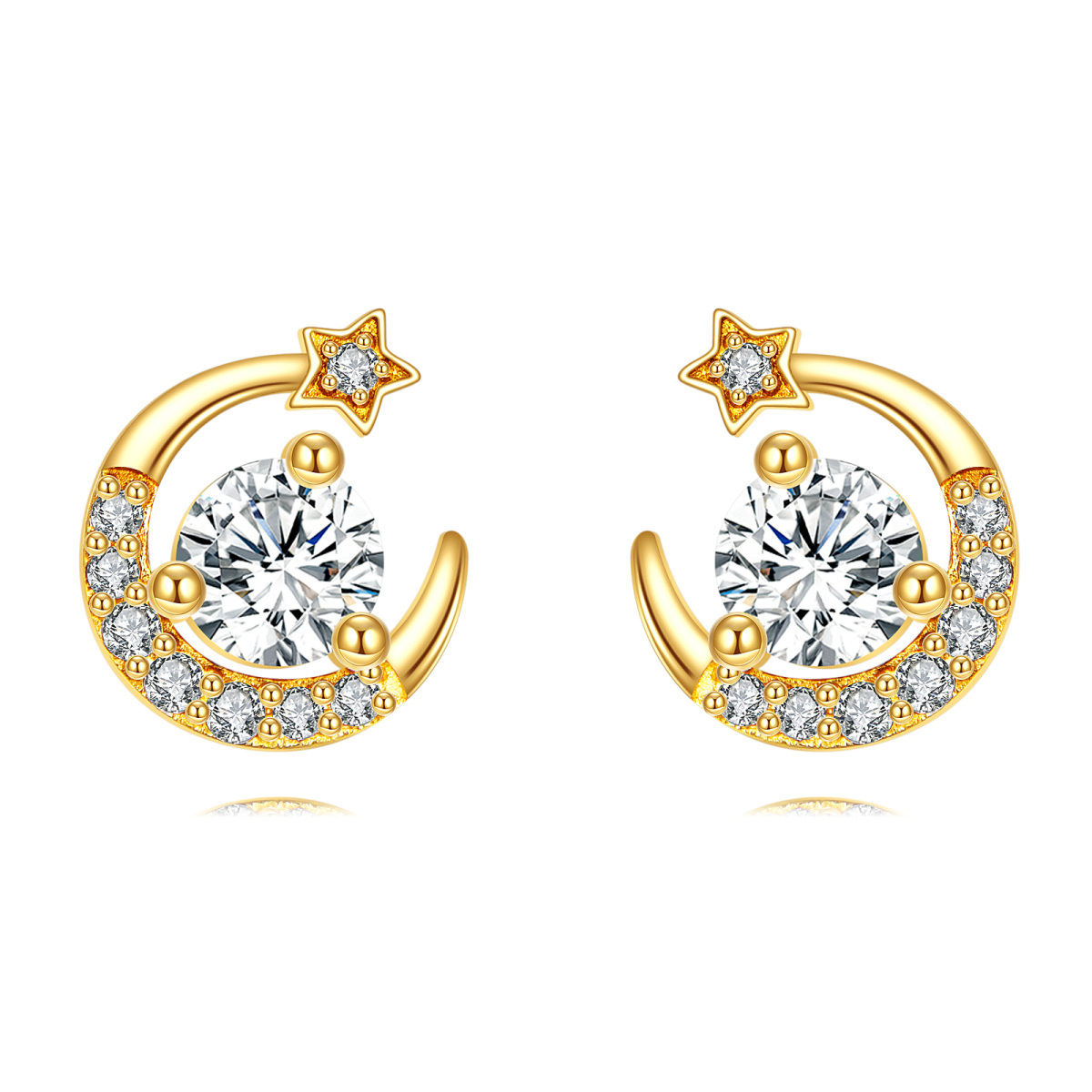 14K Gold Moissanite Moon & Star Stud Earrings-1