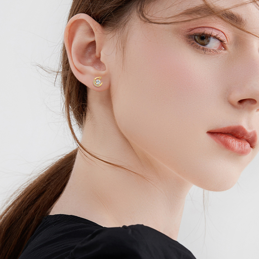 9K Gold Moissanite Moon & Star Stud Earrings-2