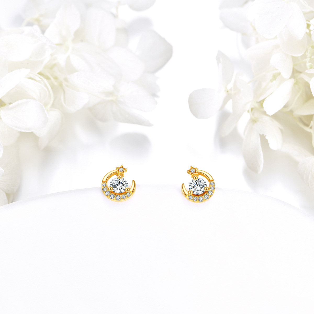 14K Gold Moissanite Moon & Star Stud Earrings-3