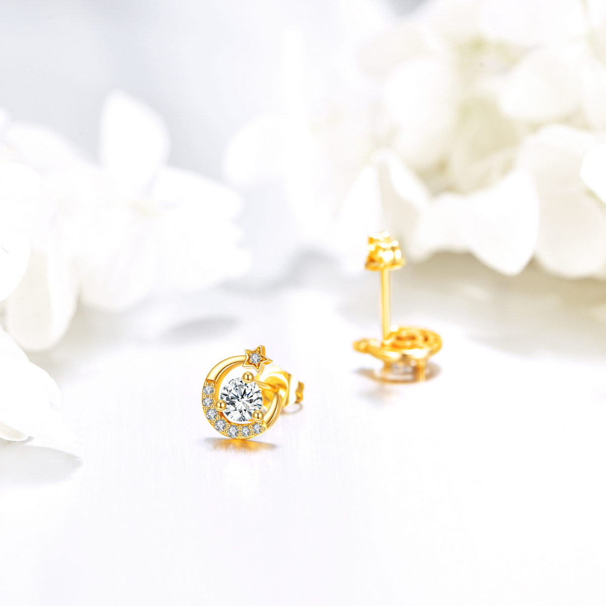 14K Gold Moissanite Moon & Star Stud Earrings-4