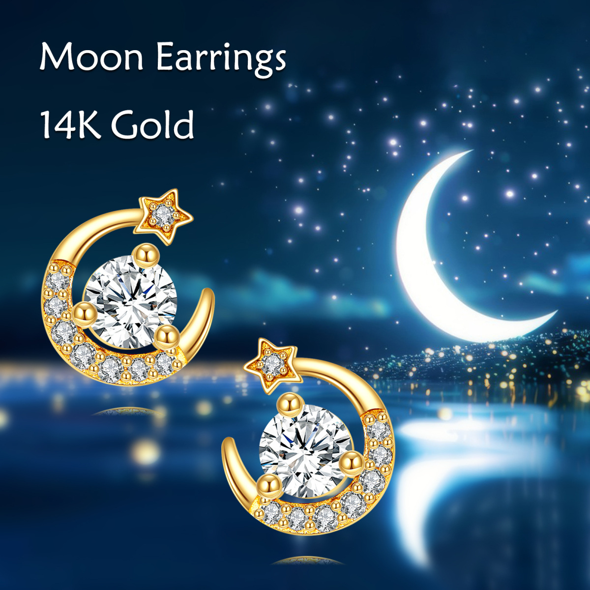 14K Gold Moissanite Moon & Star Stud Earrings-6