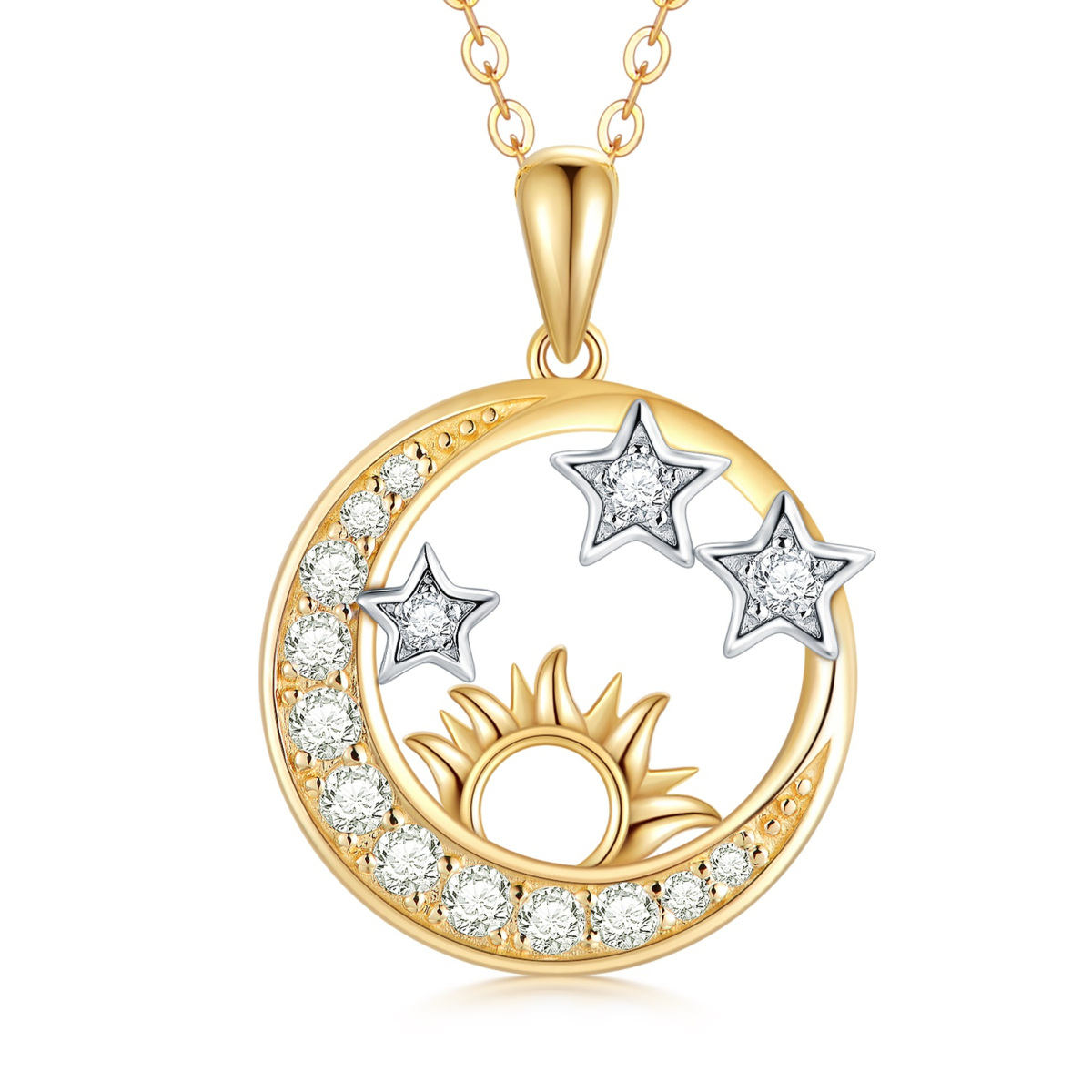 Collar con colgante de luna y sol de moissanita de oro de 14 quilates para mujer-1