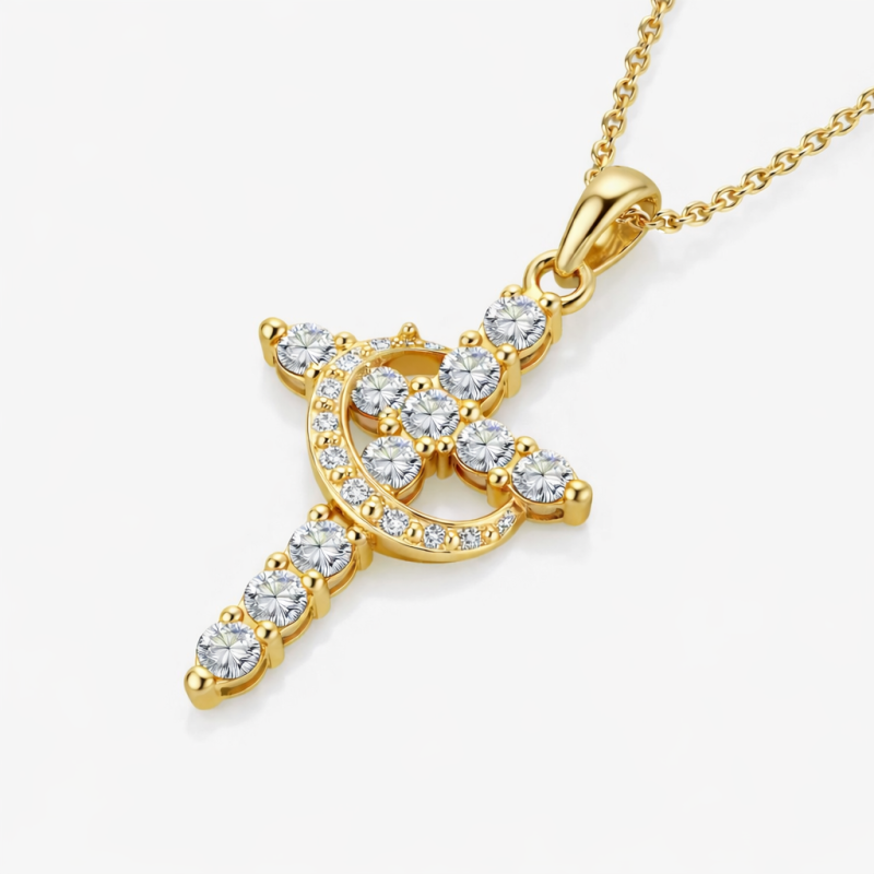 Collar de oro de 14 quilates con moissanita, luna y cruz para mujer-3