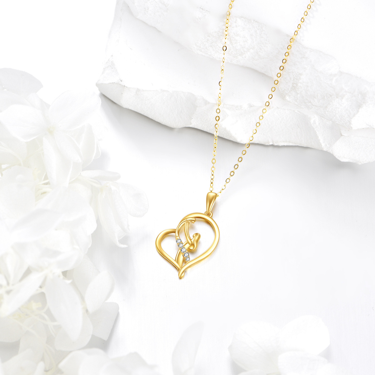 10K Gold Moissanite Mother & Daughter & Heart Pendant Necklace-3