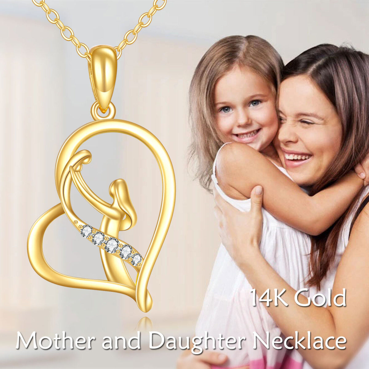 10K Gold Moissanite Mother & Daughter & Heart Pendant Necklace-6