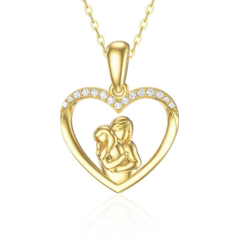 Colar com pingente de mãe e filha de coração Moissanite em ouro 14K para mulheres-1